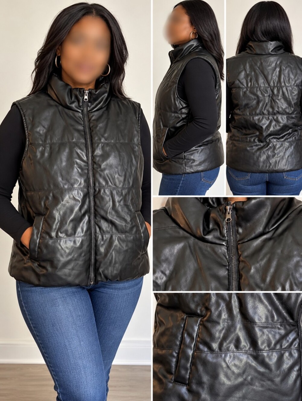 Thread & Supply Black Faux Leather Puffer Vest Women’s Size L